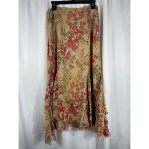 Charter Club Beige Floral 100% Silk Ruffle Tiered Maxi Skirt Size 8 Tropical